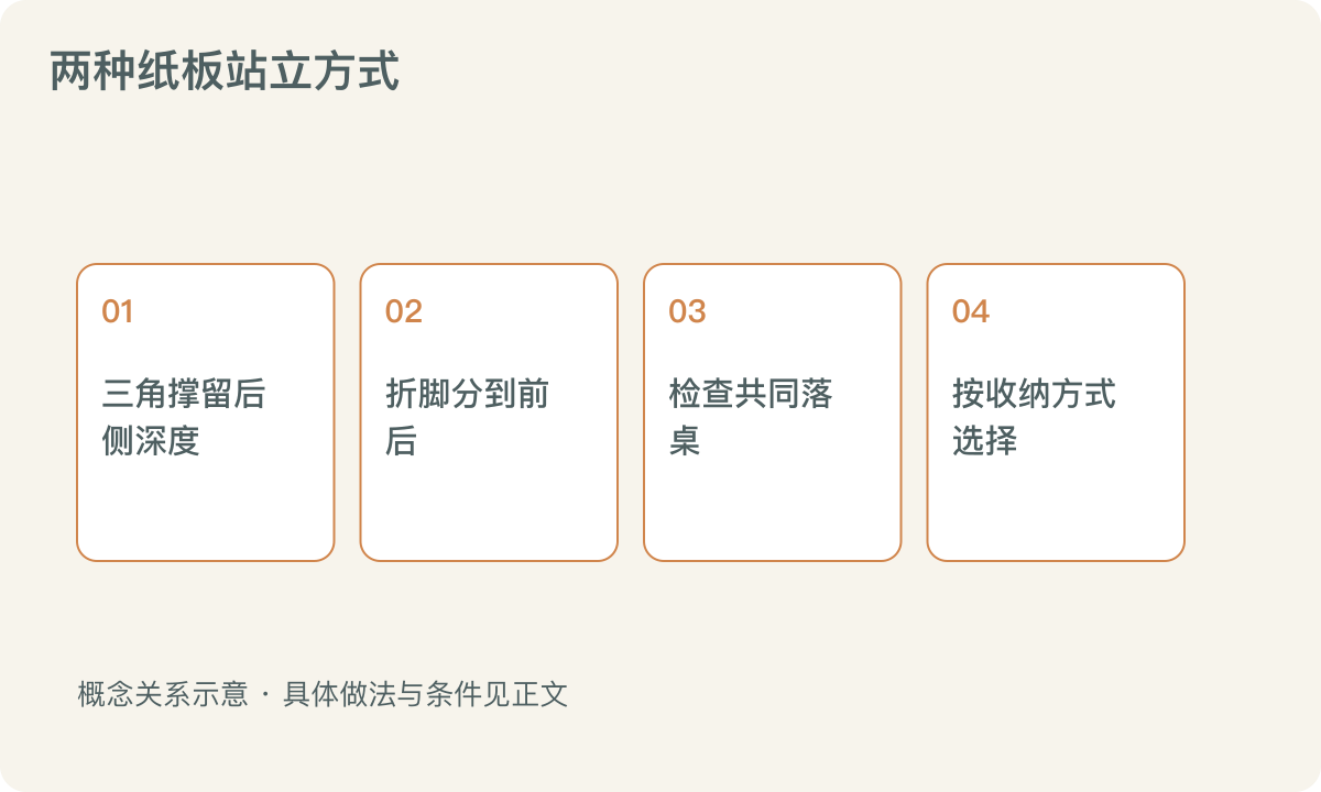 两种纸板站立方式:三角撑留后侧深度;折脚分到前后;检查共同落桌;按收纳方式选择