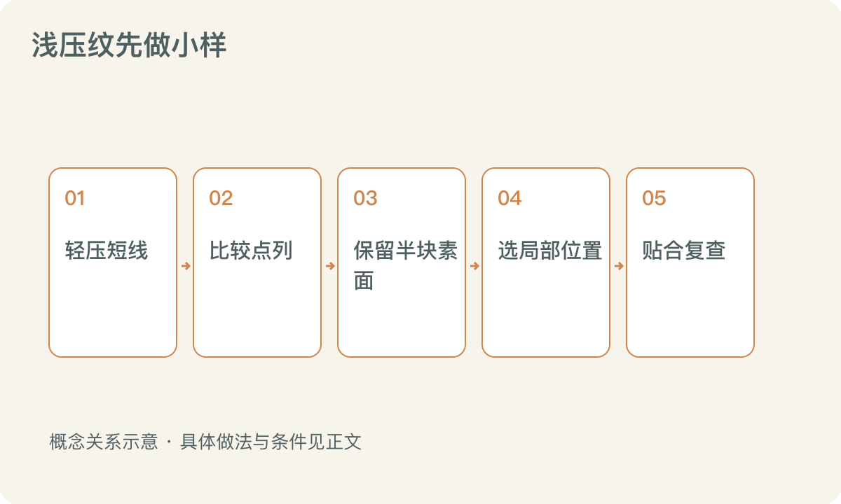 浅压纹先做小样：轻压短线；比较点列；保留半块素面；选局部位置；贴合复查