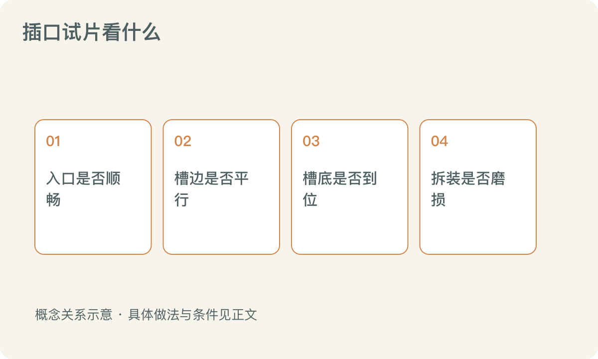 插口试片看什么：入口是否顺畅；槽边是否平行；槽底是否到位；拆装是否磨损