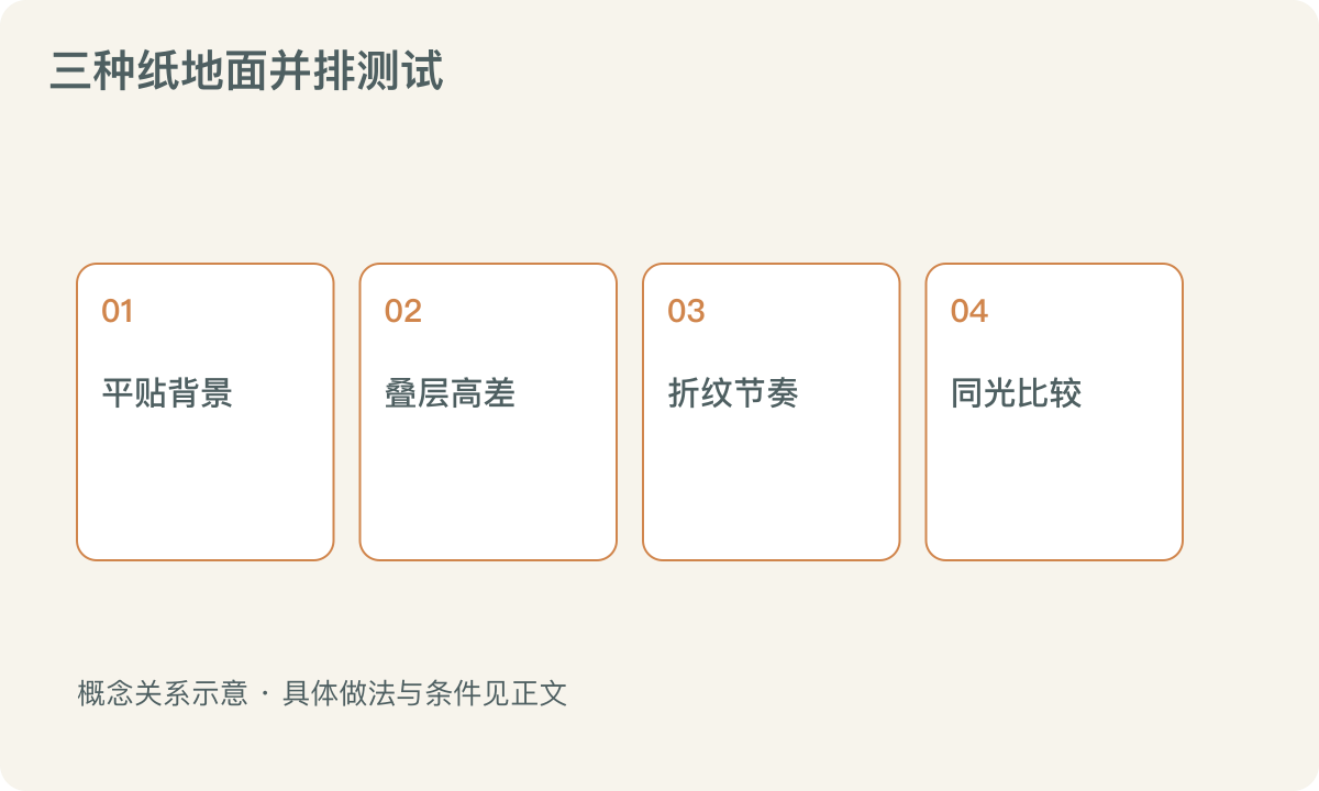 三种纸地面并排测试:平贴背景;叠层高差;折纹节奏;同光比较